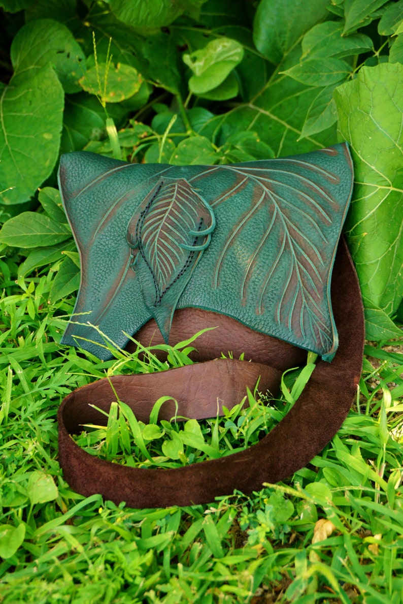 Medium FOREST Purse / Soft Bullhide Leather Teal Green Leaf Brown Bag Renaissance LARP Fairy Woodland Nature Lover image 1