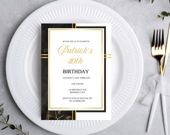 Plantilla de invitación de cumpleaños en negro y dorado, minimalista, editable en Canva, descarga digital elegante.