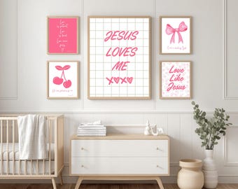 Christian Nursery Wall Art Set of 5 Pink Prints | Girls Room Bible Verse Decor