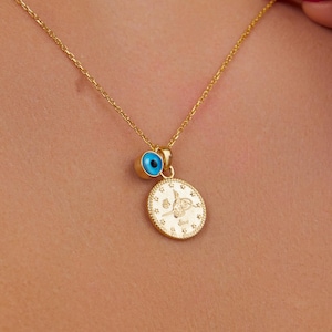 14K Gold Ottoman Tughra Necklace, Evil Eye Bead Pendant, Ottoman Gold Coin Necklace, Handmade Necklace, Gold Coin Jewelry, Summer necklace
