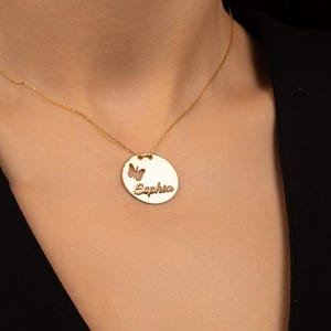 Gold Plated Butterfly Name Necklace, Custom Disc Name Pendant, Personalized Jewelry Gift, Gold Necklace for Her, Birthday Gift, Summer Gift