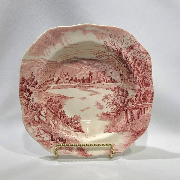 Alfred Meakin England "Tintern" Pattern Square Shallow Bowl Pink/Red Hand Engraved Under Glaze