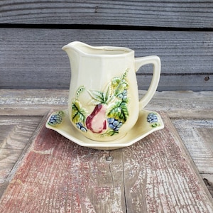 Tilso Creamer & Saucer With Fruit Design Hand Painted 53/867 Japan Vintage, Pitcher With Pear and Blueberries