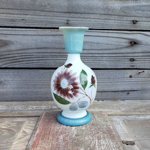 Bristol Glass Vase, Handpainted Brown Daisy Flower, Victorian Hand Blown Glass, Blue Opalescent, White