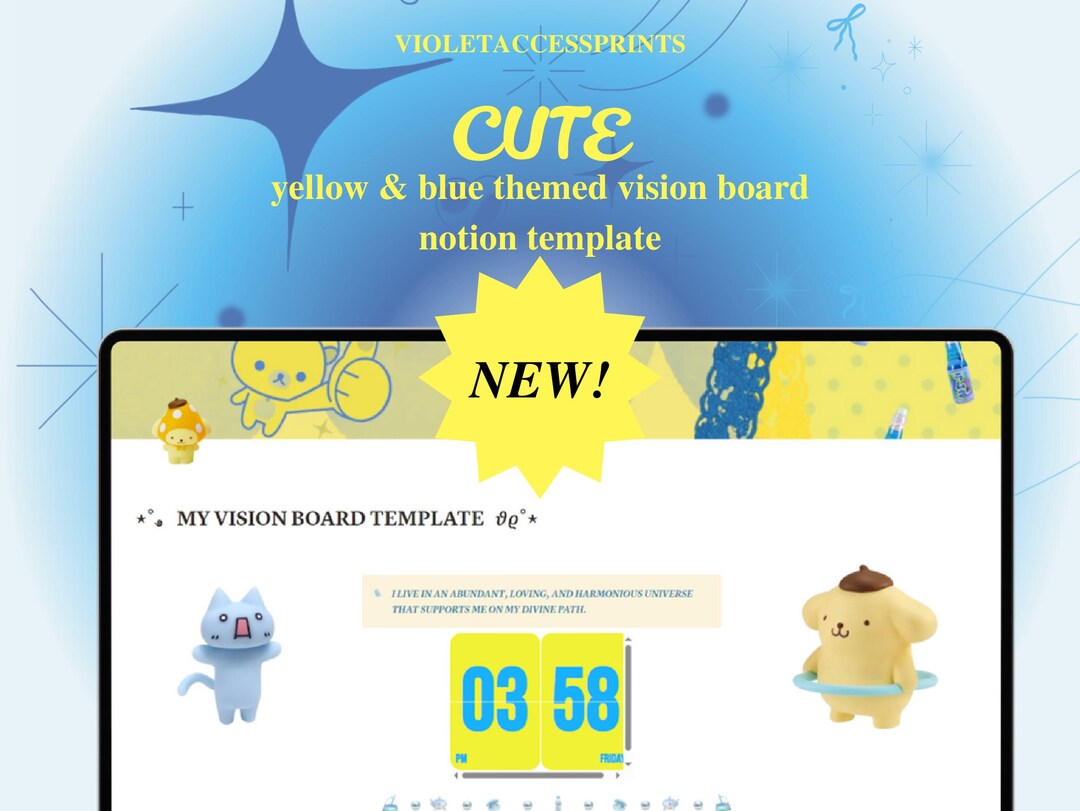 Notion Vision Board Template Cute Blue & Yellow Theme Dream Board
