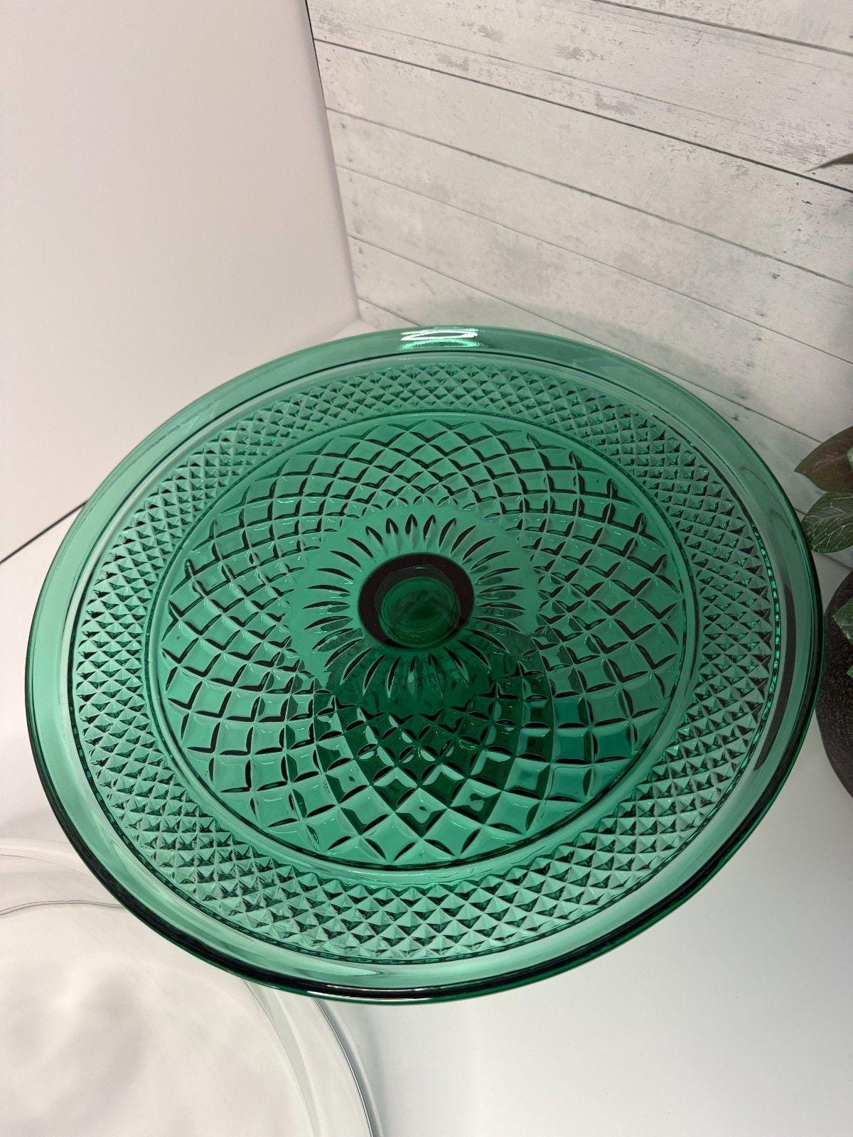 VTG Anchor Hocking Wexford Emerald Green Cake Stand Dome Cloche Punch Bowl Combo