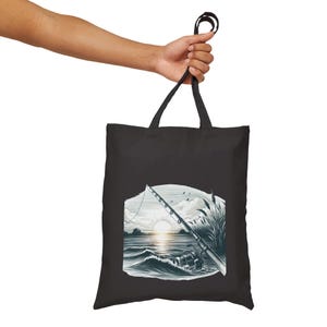 Fischen Sonnenuntergang Baumwollsegeltuch-Einkaufstasche - Strand-Liebhaber-Geschenk, umweltfreundlicher Markt-Tasche, Sommer-Abenteuer-Tasche, Reise-Tasche