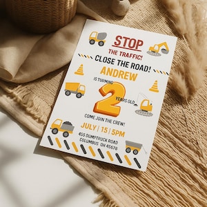 Verjaardagsuitnodiging bouwtruck, dumptruck verjaardagsuitnodiging, 2e verjaardag bouwuitnodiging, afdrukbare jongens uitnodigingssjabloon