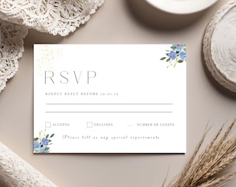 Blue Floral Wedding RSVP Card Template, Minimalist Elegant RSVP, Editable Canva Coquette Design, Spring Printable Wedding Response Card