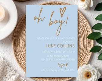 Oh Boy Baby Shower Invitation Template, Printable Blue Minimalist Invite, Editable in Canva, Instant Digital Download Custom PDF Suite