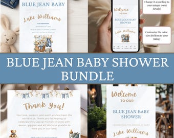 Blue Jean Baby Boy Shower Invite Bundle, Canva Digital Download Template, Denim Theme Printable Set, Modern Boho Country Invitation