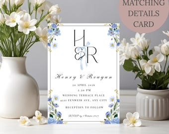 Plantilla de invitación de boda elegante y moderna con estilo coqueto, invitación floral azul polvoriento minimalista de lujo, única y editable en Canva para bodas de primavera.