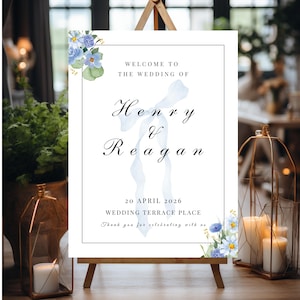Dusty Blue Floral Wedding Welcome Sign Template, Minimalist Elegant Wedding Sign, Editable Canva Coquette Design, Luxury Printable Poster