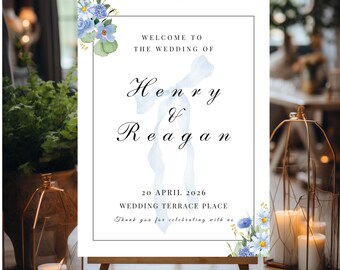 Dusty Blue Floral Wedding Welcome Sign Template, Minimalist Elegant Wedding Sign, Editable Canva Coquette Design, Luxury Printable Poster