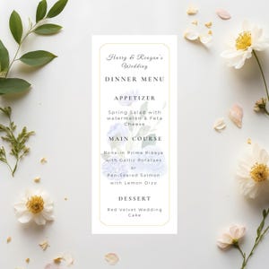 Floral Wedding Menu Canva Template, Blue Printable Elegant Dinner Card, Editable Modern Reception Menu Sign, Instant Download Digital Menu