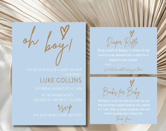 Oh Boy Baby Shower Invitation Bundle, Printable Blue Minimalist Template, Editable in Canva, Instant Digital Download Custom PDF Suite