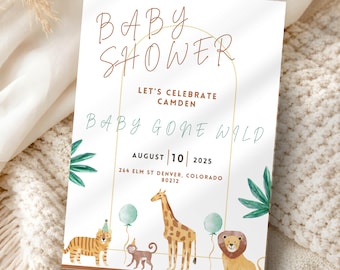 Plantilla de invitación para baby shower con temática de safari, invitación editable de Canva con temática de la jungla, descarga digital instantánea, tarjeta de invitación imprimible con animales del zoológico.