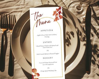 Fall wedding menu template Canva editable | terracotta rust wedding menu card | modern romantic autumn reception Minimalist menu printable