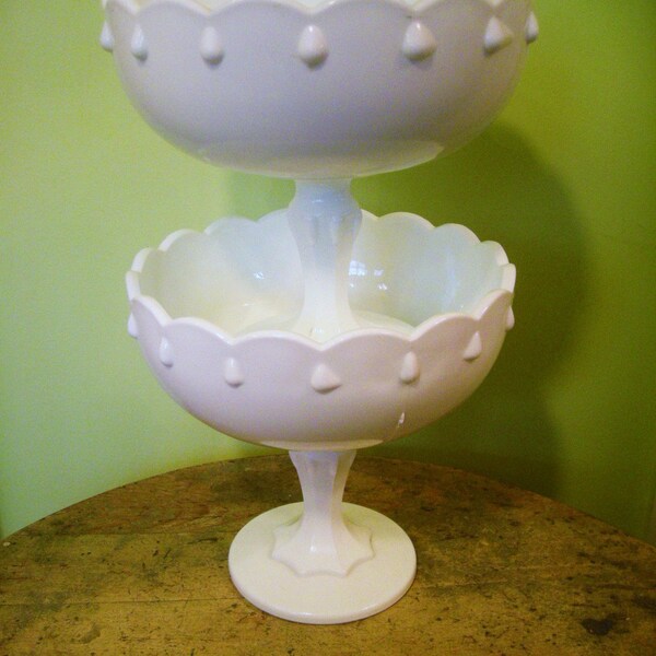 2 VINTAGE WHITE PEDESTAL MILK GLASS BOWLS