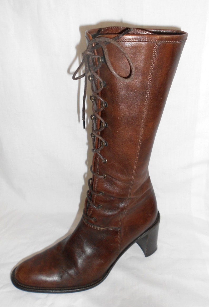 Vintage 1990s Brown Leather Lace Up Boots Mid Calf Size | Etsy