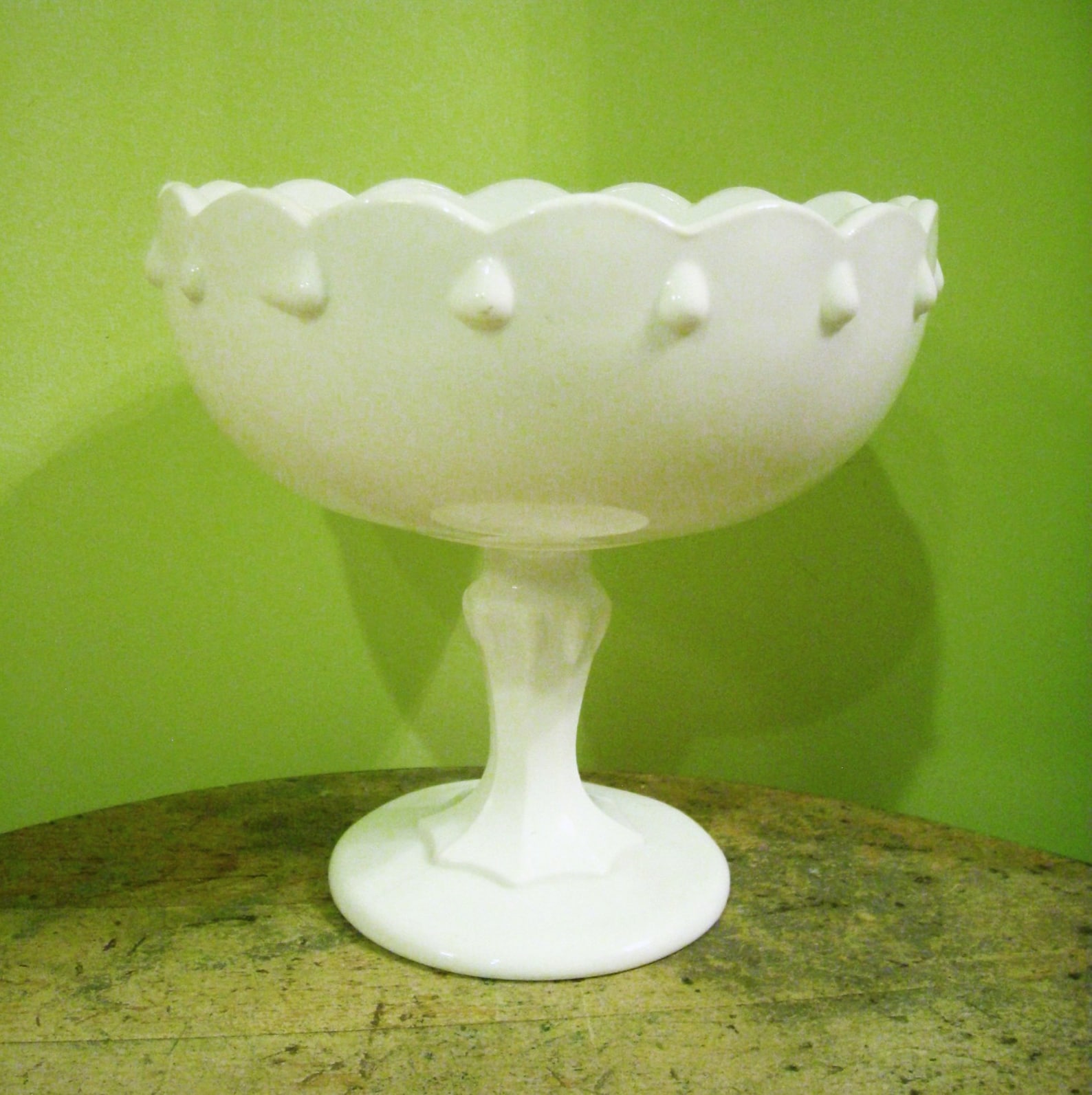 Vintage White Milk Glass Pedestal Bowl Teardrop and Scallop Etsy
