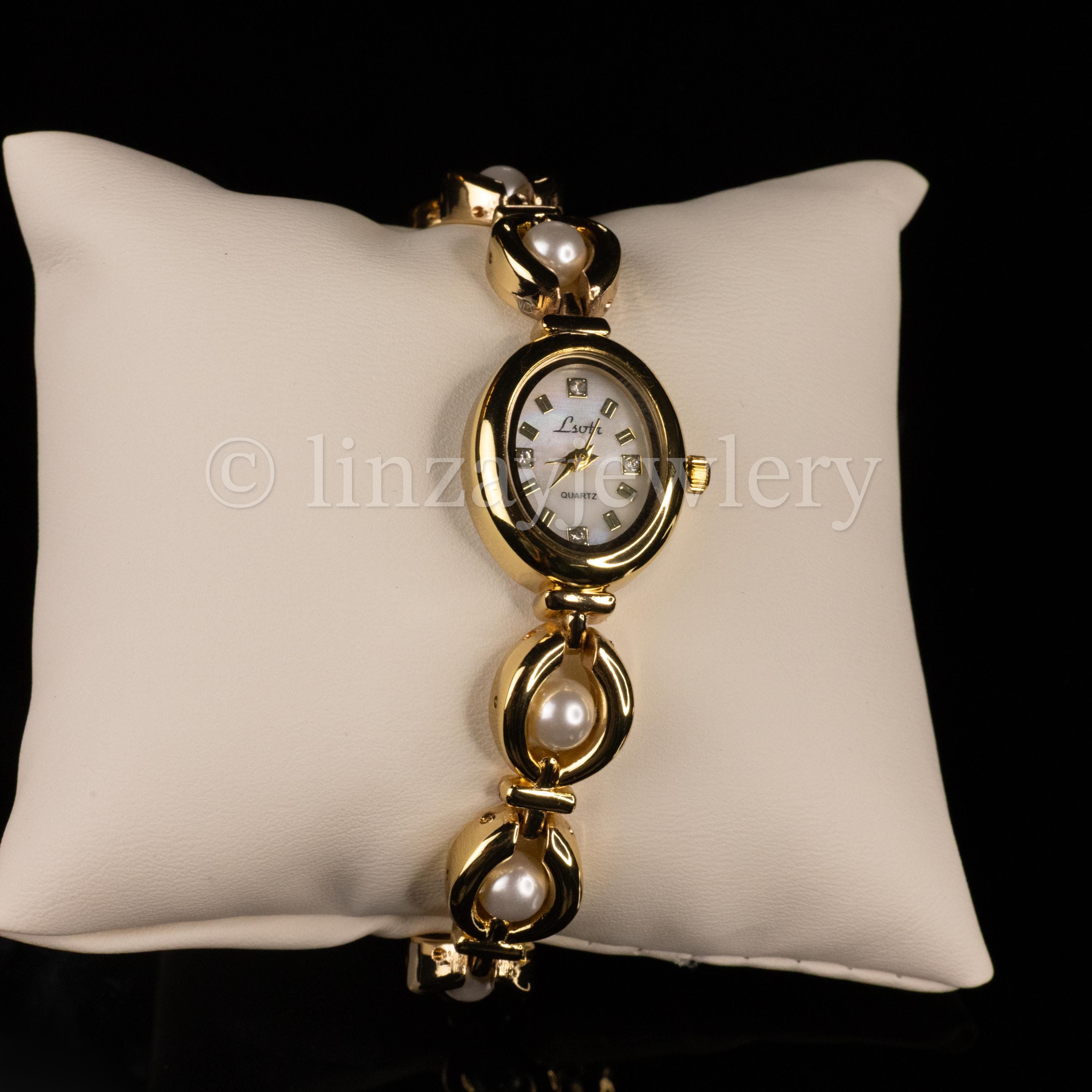 Gold Pearl Accent Watch Bracelet with belt pretty bundle vintage Hanover Swiss Antimagnetic Ladies Pearl Bracelet Watch C  main image 2