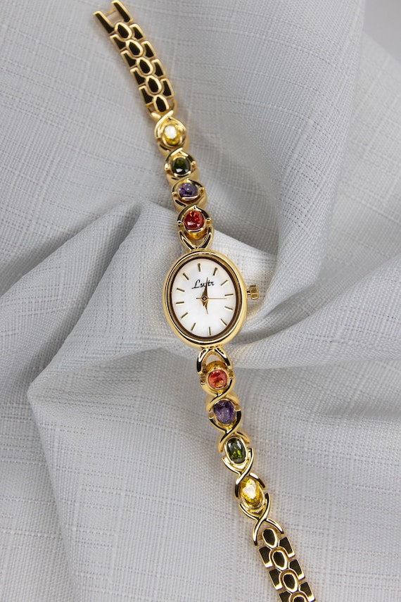 Vintage Inspired Gold Gemstone Women's Bracelet Watch | Retro Pearl Gemstone Wristwatch Quartz Jewelry Gift | Elegant Watch Classy Old Money