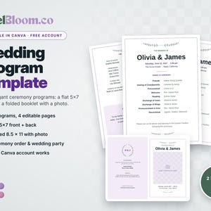 May include: A wedding programme template set featuring a flat 5x7 inch card and a folded 8.5x11 inch booklet. The designs include text for Olivia & James, ceremony order details, and placeholders for photos, all editable in Canva.