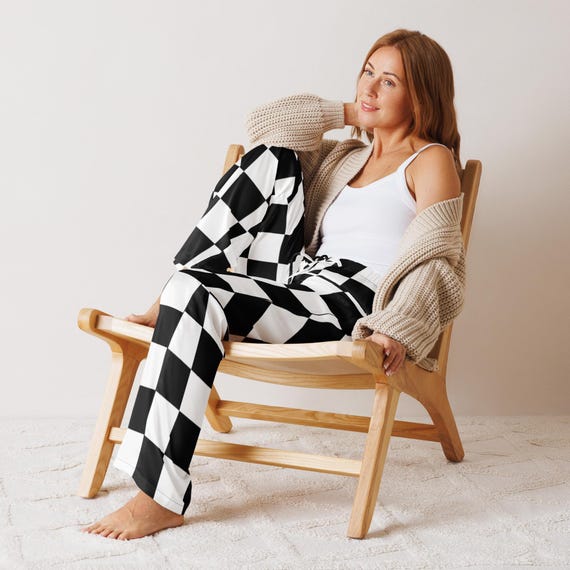 Checkerboard Lounge Pants, Black and White Pajama Bottoms, Silky