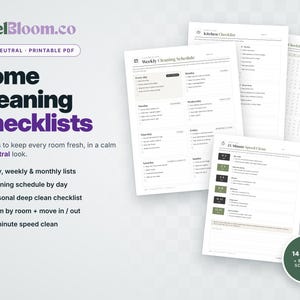 May include: A set of printable home cleaning checklists featuring a weekly cleaning schedule, kitchen checklist, and 15-minute speed clean guide. The documents include text headers, checkboxes, and organised lists in a soft neutral colour palette.