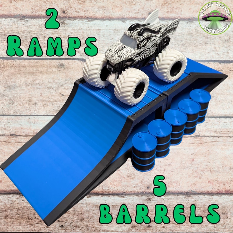 Monster Truck Ramps, 3D Printed custom made ramps set of 2 ramps with 5 barrels, Made for Cars or Truck toys, Monster Jam, stunt ramp, Blue w/ Black Trim