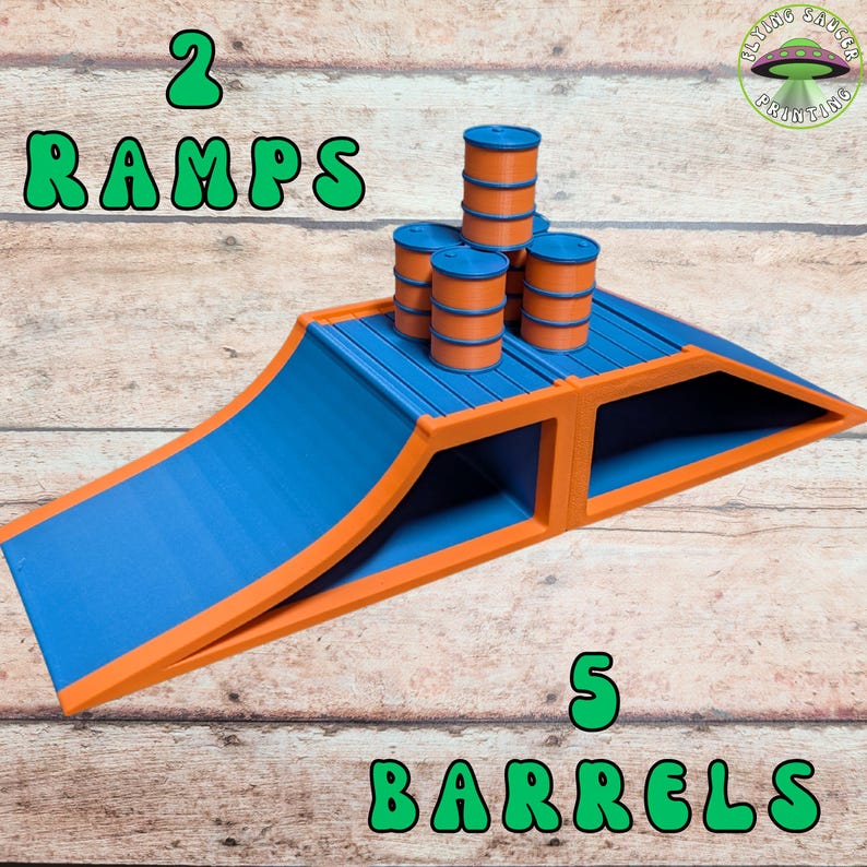 Monster Truck Ramps, 3D Printed custom made ramps set of 2 ramps with 5 barrels, Made for Cars or Truck toys, Monster Jam, stunt ramp, Blue w/ Orange Trim