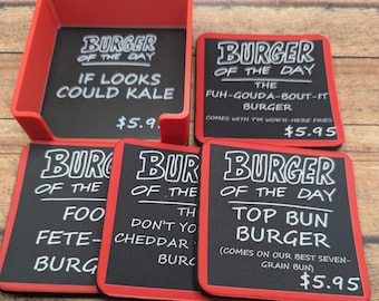 Bob's Burgers, Burger of the day, set of 4 custom made drink coasters, soft and thick neoprene bar coasters, animation, Christmas gift ideas
