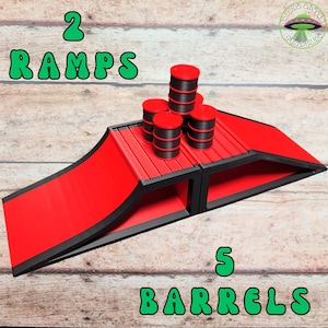 Monster Truck Ramps, 3D Printed custom made ramps set of 2 ramps with 5 barrels, Made for Cars or Truck toys, Monster Jam, stunt ramp, Red w/ Black Trim