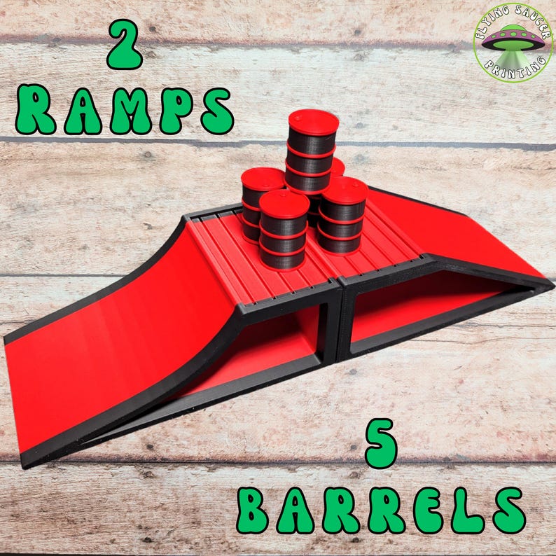Monster Truck Ramps, 3D Printed custom made ramps set of 2 ramps with 5 barrels, Made for Cars or Truck toys, Monster Jam, stunt ramp, Red w/ Black Trim
