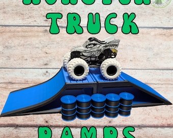 Monster Truck Ramps, 3D Printed custom made ramps set of 2 ramps with 5 barrels, Made for Cars or Truck toys, Monster Jam, stunt ramp,