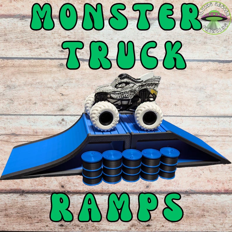 Monster Truck Ramps, 3D Printed custom made ramps set of 2 ramps with 5 barrels, Made for Cars or Truck toys, Monster Jam, stunt ramp, Magenta w/ Blk Trim