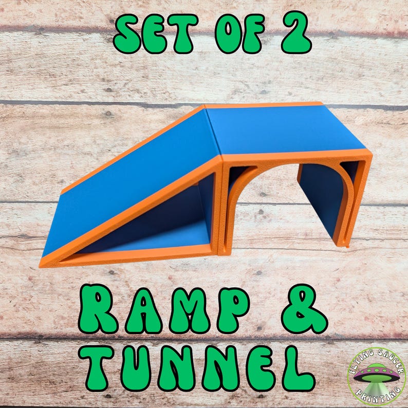 May include: A blue and orange ramp and tunnel set. The ramp has a blue top and sides with orange trim. The tunnel section is also blue and orange. The text "SET OF 2" and "RAMP & TUNNEL" are in green bubble letters.