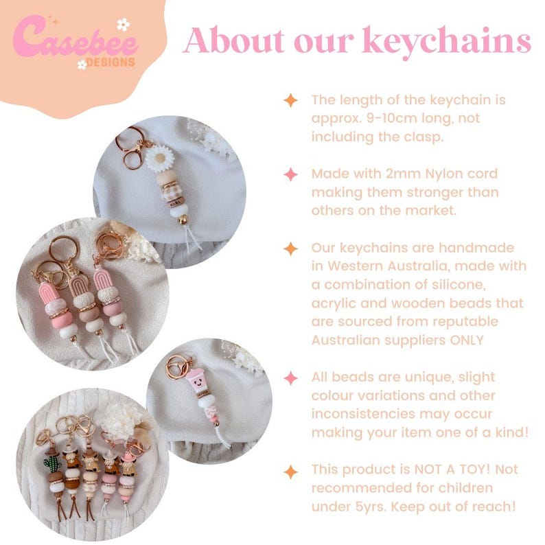May include: A collection of keychains featuring silicone, acrylic, and wooden beads in neutral and pink tones, attached to gold-tone metal clasps. The text on the image reads: About our keychains, The length of the keychain is approx. 9-10cm long.