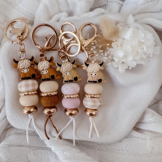 Highland Cow Keychain | Western Aesthetic Gold Acrylic | Silicone Bead Bag Tag