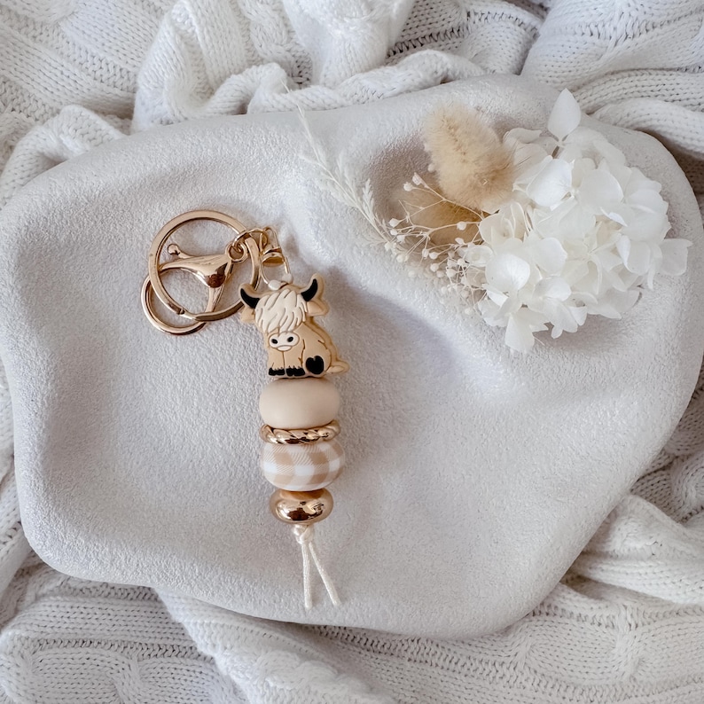 Highland Cow Keychain | Western Aesthetic Gold Acrylic | Silicone Bead Bag Tag image 7