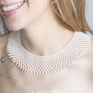 Ivory beaded collar Wedding seed bead necklace Elegant jewelry Wide pearl color necklace Statement necklace Beige handmade necklace