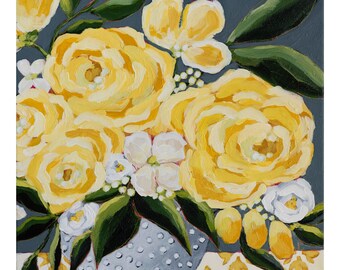 Confettibloemblaadjes|Rozenboeket kunstprint bloemen| 8x10|11x14| Kunstafdruk| Grillige gele muurkunst| Cottagecore-decor
