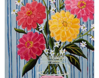 Impresión artística de ramo floral de zinnia y mermelada de frambuesa, 8x10/11x14, arte mural floral caprichoso, decoración cottagecore