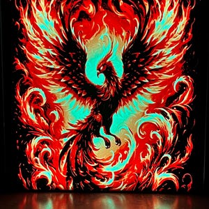May include: A black phoenix with red and teal flames rising around it. The phoenix is in flight with its wings spread wide. The background is black.