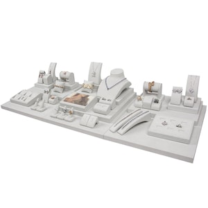 Deluxe Jewelry Display Luxury Jewelry Showcase Display Set Suede Jewelry Display For Present Exhibition Jewelry Store Display Set Light Grey