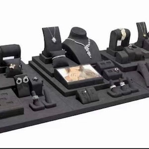 Deluxe Jewelry Display Luxury Jewelry Showcase Display Set Suede Jewelry Display For Present Exhibition Jewelry Store Display Set  Dark Grey