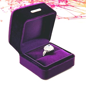 May include: A purple velvet ring box with a diamond ring inside.