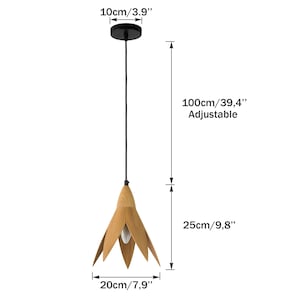 A modern pendant light with a 100cm adjustable cord. The light fixture features a 20cm wide, light brown, flower-shaped wooden shade and a black metal canopy.  Dimensions: 25cm high, 20cm wide, 10cm canopy diameter. The pendant light is ideal for adding a touch of minimalist style to any room.