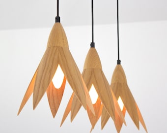 Oak Flower Pendant Light Set: Modern Boho Wood Ceiling Lamp for Kitchen Island